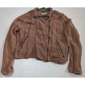 Lucky Brand‎ Addisyn Moto Jacket Linen Blend Zip Up Brown XL